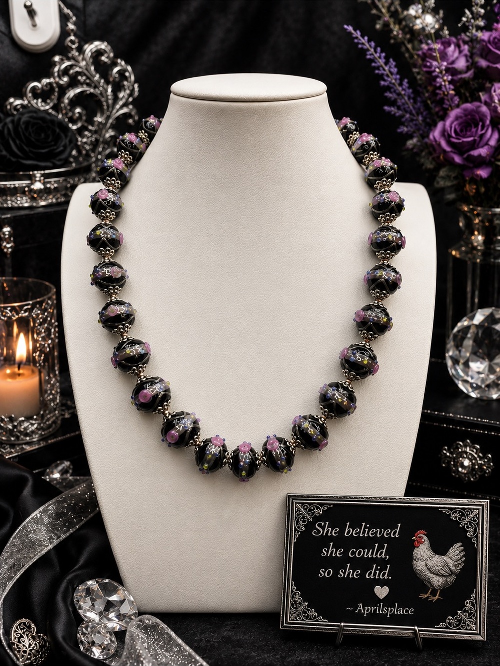 #5 FLASH BLACK SILVER WEDDING CAKE HAND KNOTTED APRILSPLACE NECKLACE 20 inch